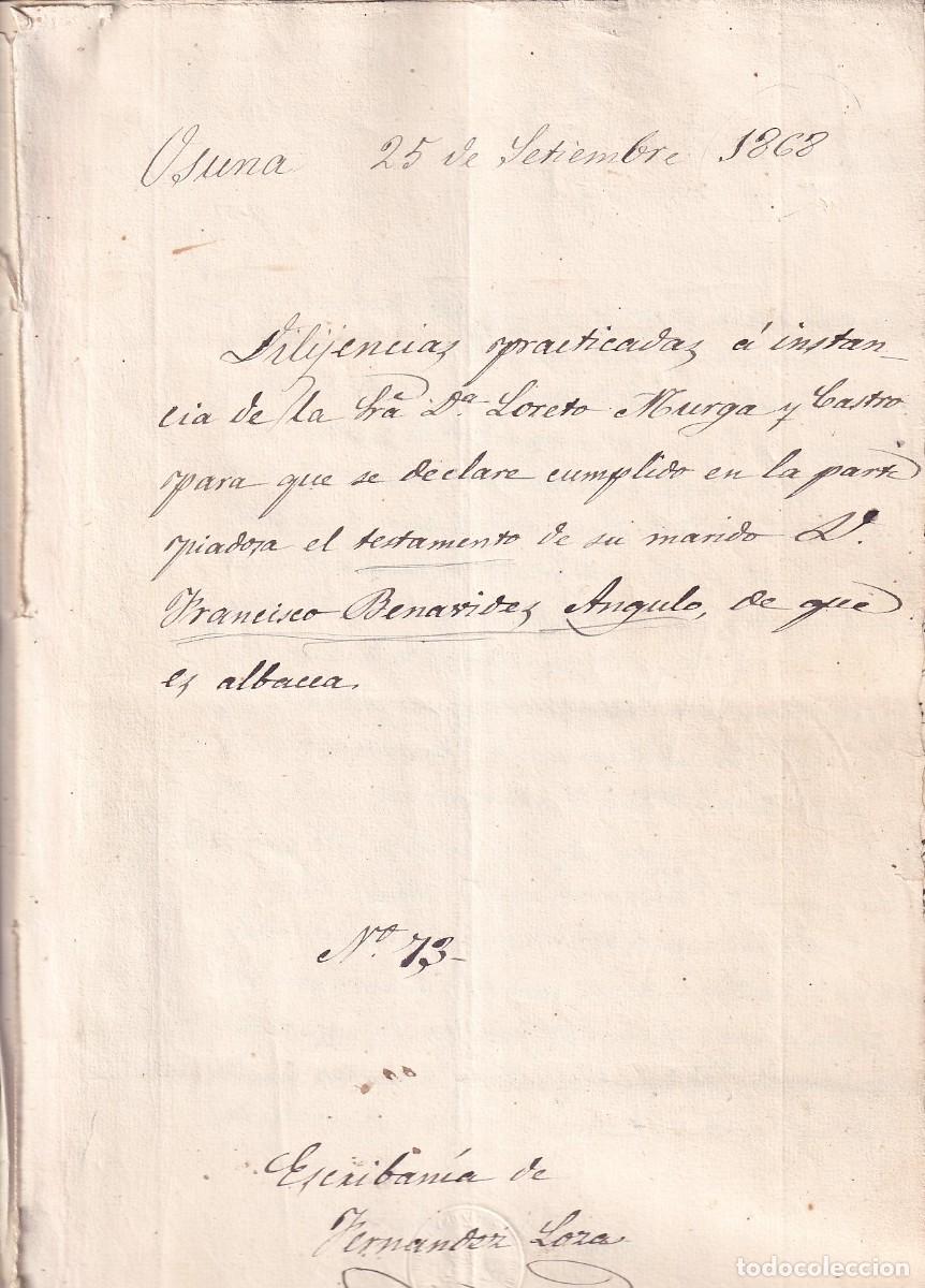 Documentos antiguos: Documento notarial dado en Osuna en 1868. Francisco Benavides Angulo capit&aacute;n Teniente coronel