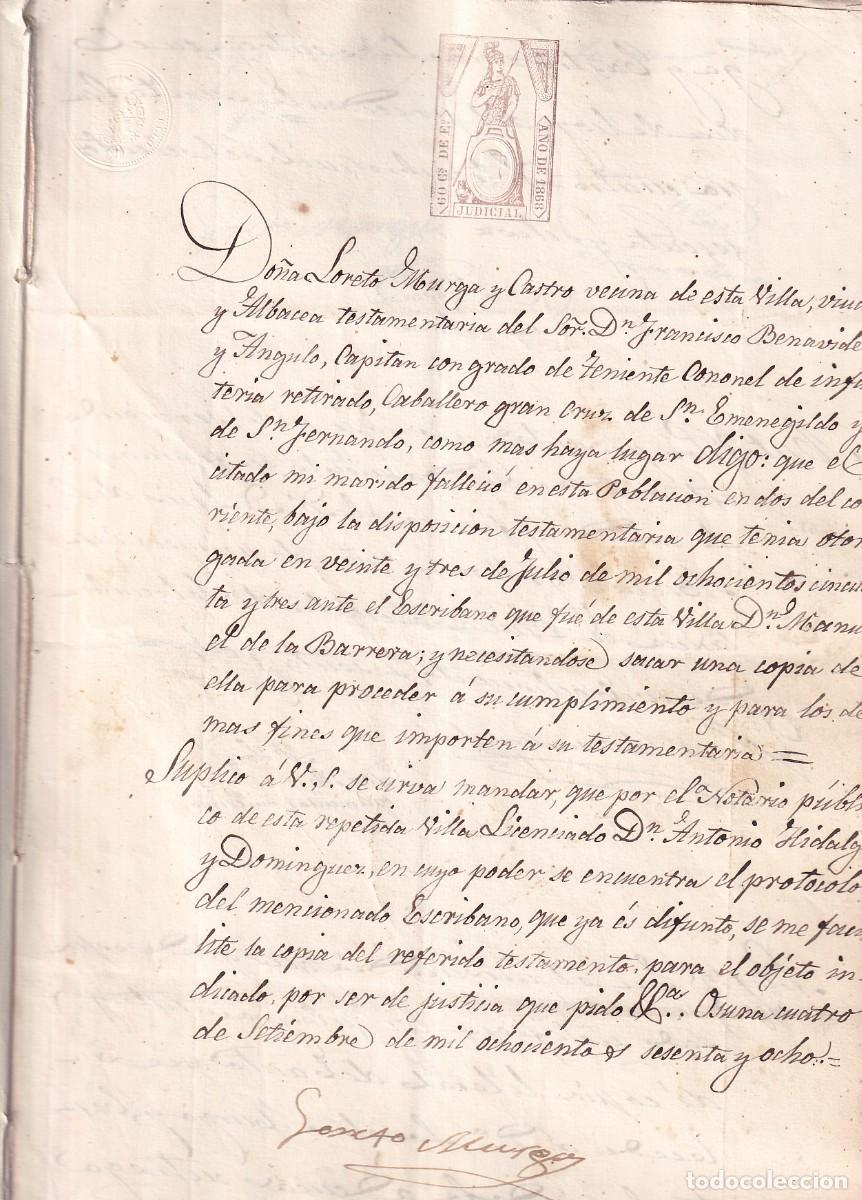Documentos antiguos: Documento notarial dado en Osuna en 1868. Francisco Benavides Angulo capit&aacute;n Teniente coronel - Foto 2