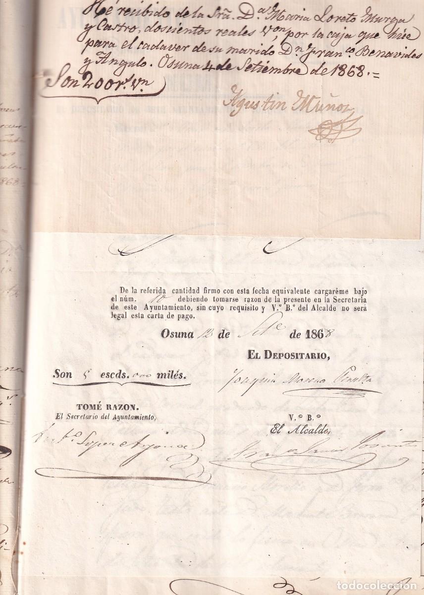 Documentos antiguos: Documento notarial dado en Osuna en 1868. Francisco Benavides Angulo capit&aacute;n Teniente coronel - Foto 4