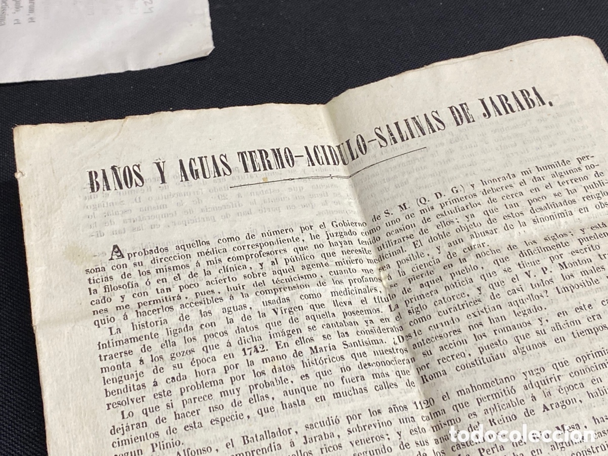 Documentos antiguos: 1865. RAR&Iacute;SIMO IMPRESO DE LOS BA&Ntilde;OS DE JARABA, AGUAS TERMO-ACIDULO-SALINAS. PARACUELLOS DE JILOCA.