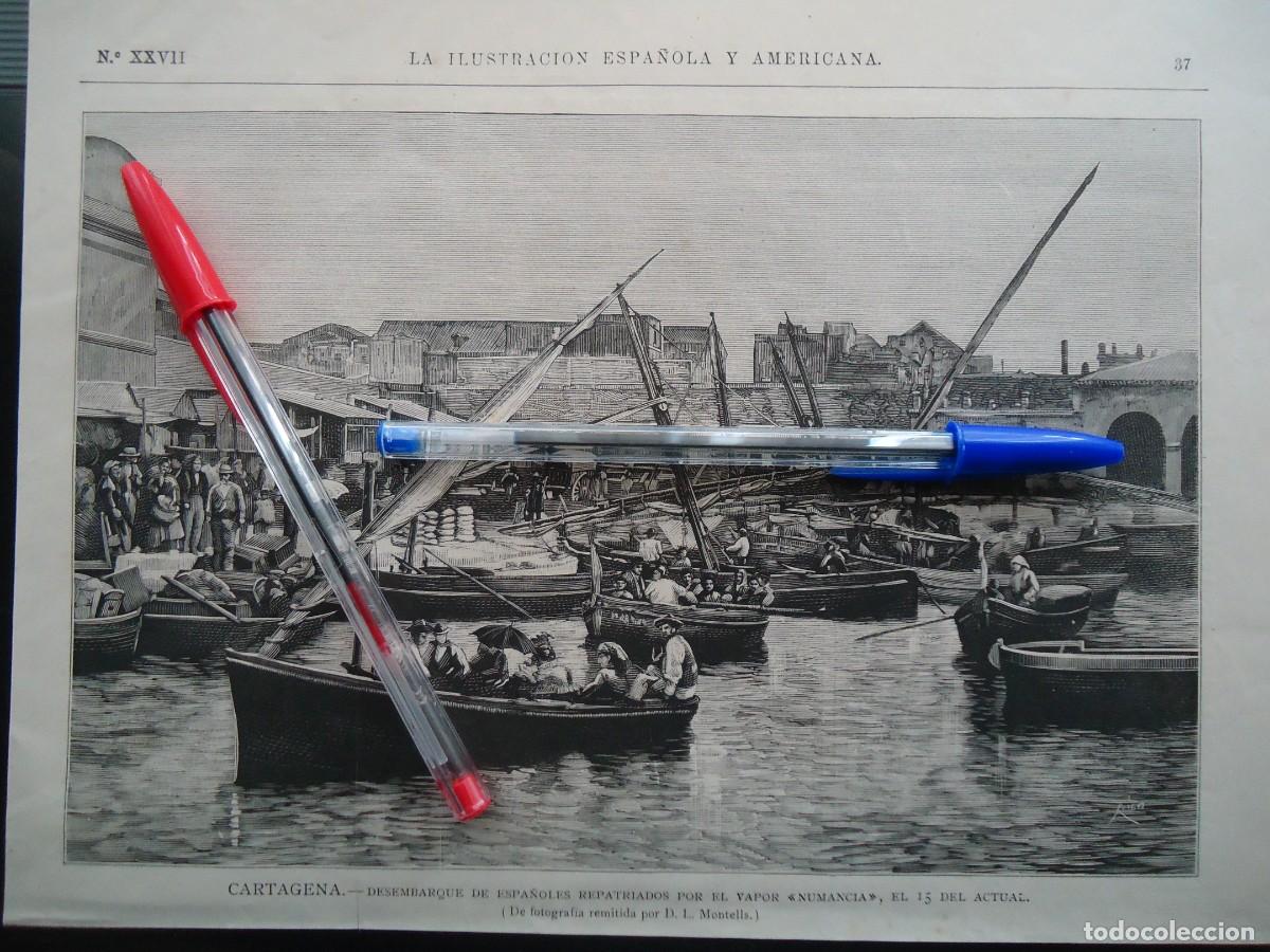 Documentos antiguos: xilografia 1881 cartagena murcia mar mediterraneo barco vapor guerra numancia marina espa&ntilde;a