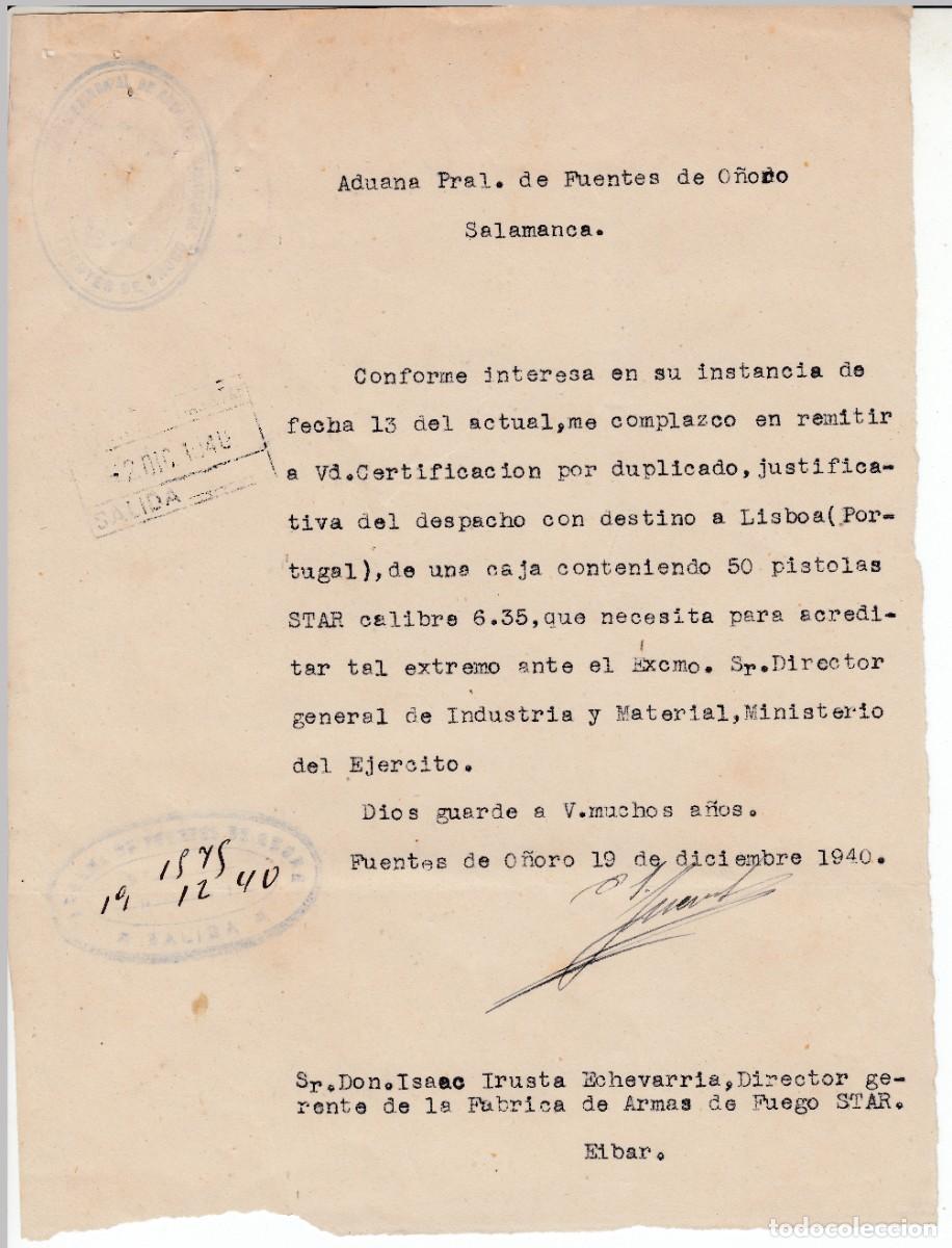 Documents Anciens: 1940 ADUANA FUENTES DE O&Ntilde;ORO OFICIO COMUNICANDO REMISION 50 PISTOLAS STAR 6,35