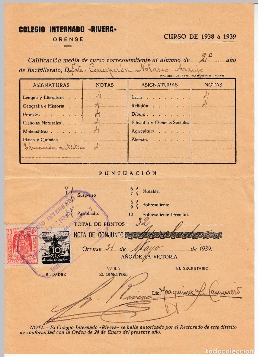 Documents Anciens: 1939 ORENSE COLEGIO INTERNADO RIVERA CALIFICACION MEDIA ALUMNA DE BACHILLERATO