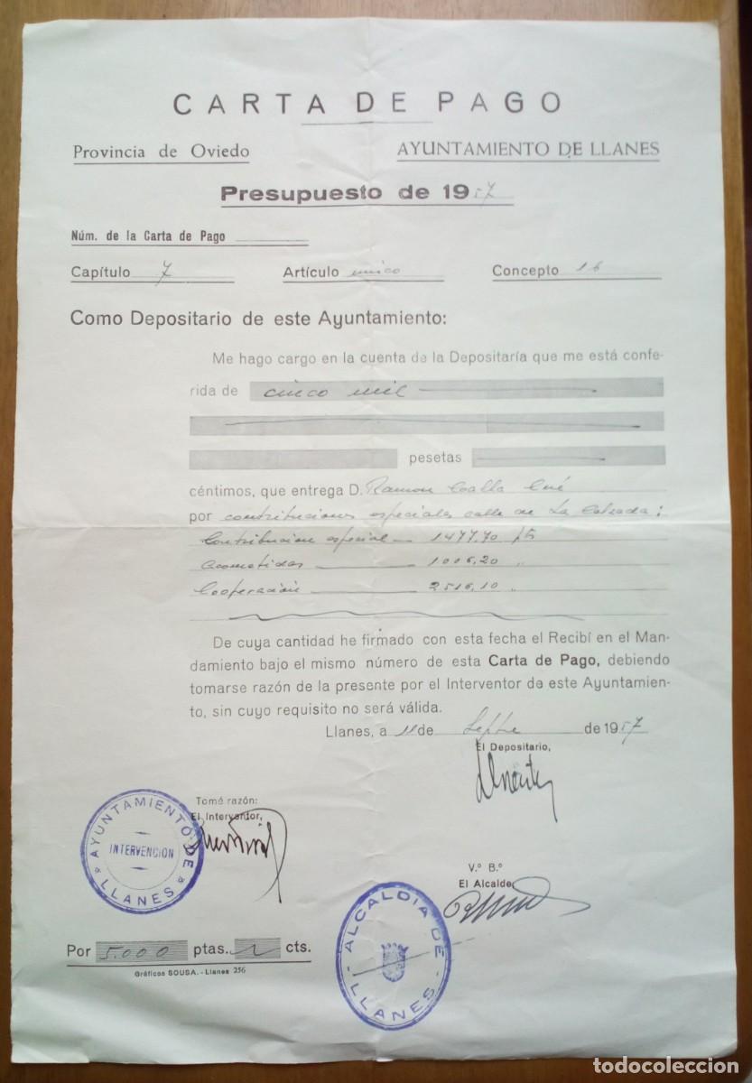 Documentos antiguos: ASTURIAS. Carta de pago del Ayuntamiento de Llanes. Provincia de Oviedo. 1957