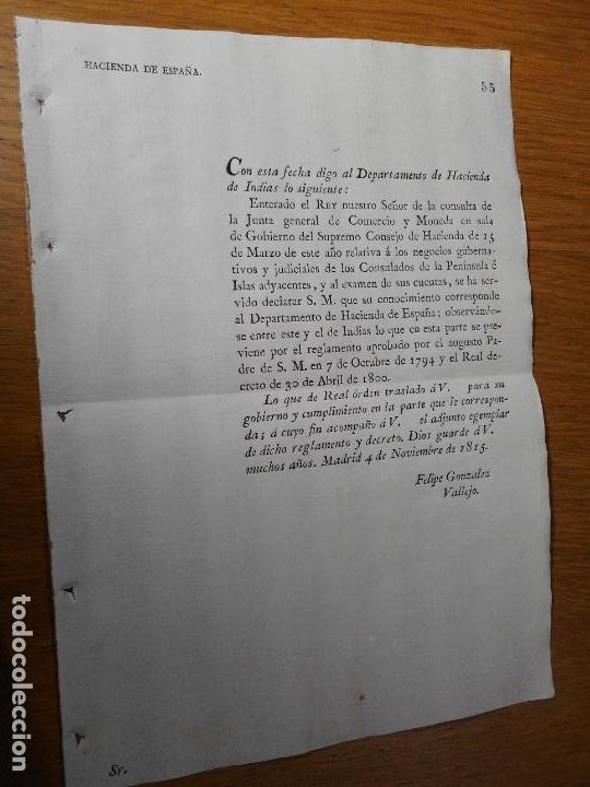 Documentos antiguos: DEPARTAMENTO DE HACIENDA E INDIAS JUNTA COMERCIO Y MONEDA. FELIPE GONZALEZ VALLEJO MADRID 1815