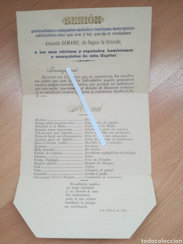 Documentos antiguos: Men&uacute; sat&iacute;rico Sagua La Grande Cantabria dirigido a los anarquistas de la Capital (6/2/1895).