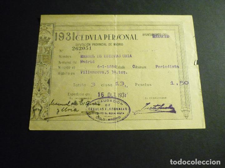 Documentos antiguos: MADRID 1931 CEDULA PERSONAL MANUEL ESTEVAS URIA - Foto 1