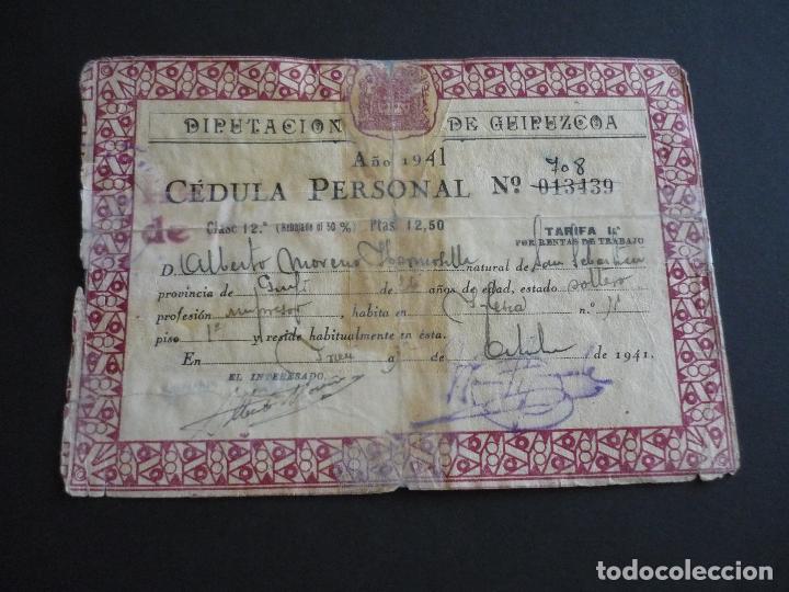 Documentos antiguos: CEDULA PERSONAL DIPUTACION DE GUIPUZCOA 1941 - Foto 1