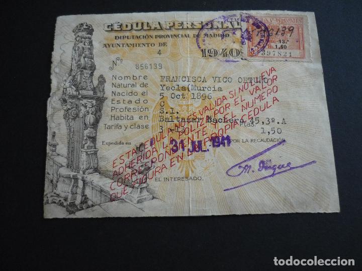 Documentos antiguos: CEDULA PERSONAL DIPUTACION MADRID 1940 MUJER NATURAL DE YECLA MURCIA