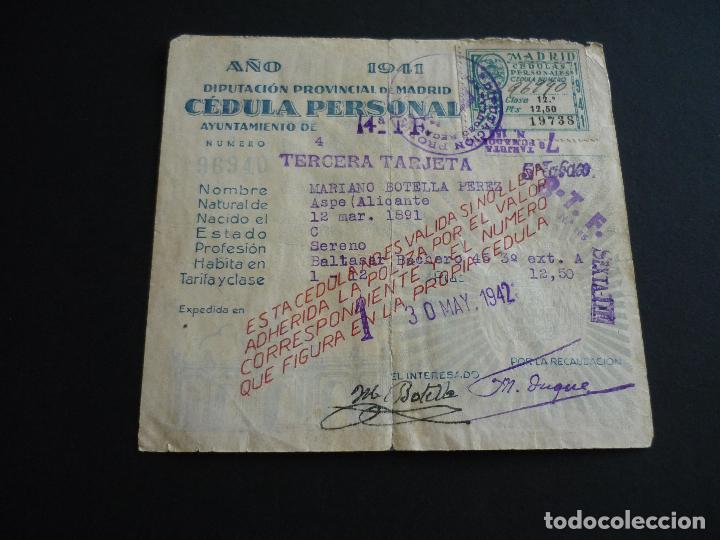 Documenti antichi: CEDULA PERSONAL DIPUTACION MADRID 1941 PERTENCIENTE A UN SERENO NATURAL DE ASPE ALICANTE