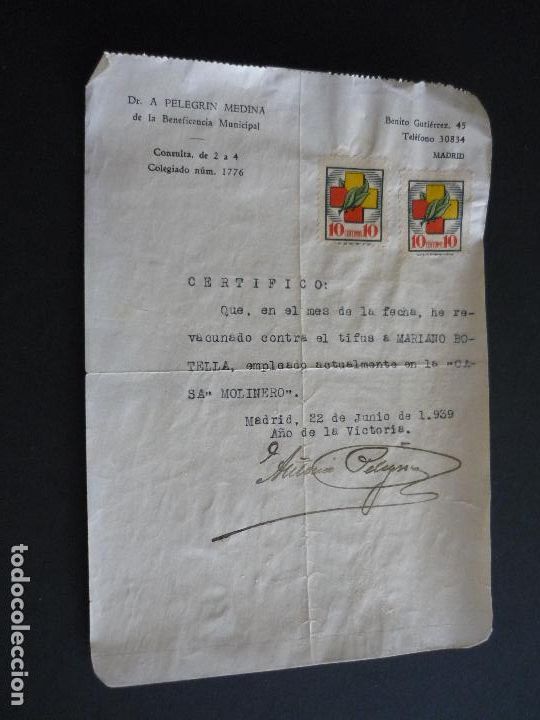 Documenti antichi: MADRID CERTIFICADO VACUNACION TIFUS 1939