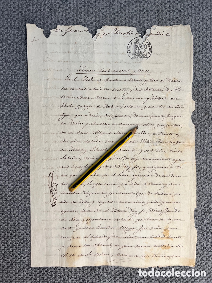 Documentos antiguos: MONTAN Castell&oacute;n. Documento venta de tierras de secano Oliverales (a.1862) curioso relato..