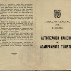 Documentos antiguos: DELEGACIÓN GENERAL DE TURISMO - AUTORIZACIÓN NACIONAL DE ACAMPAMENTO TURÍSTICO - DÍPTICO - 111X70MM