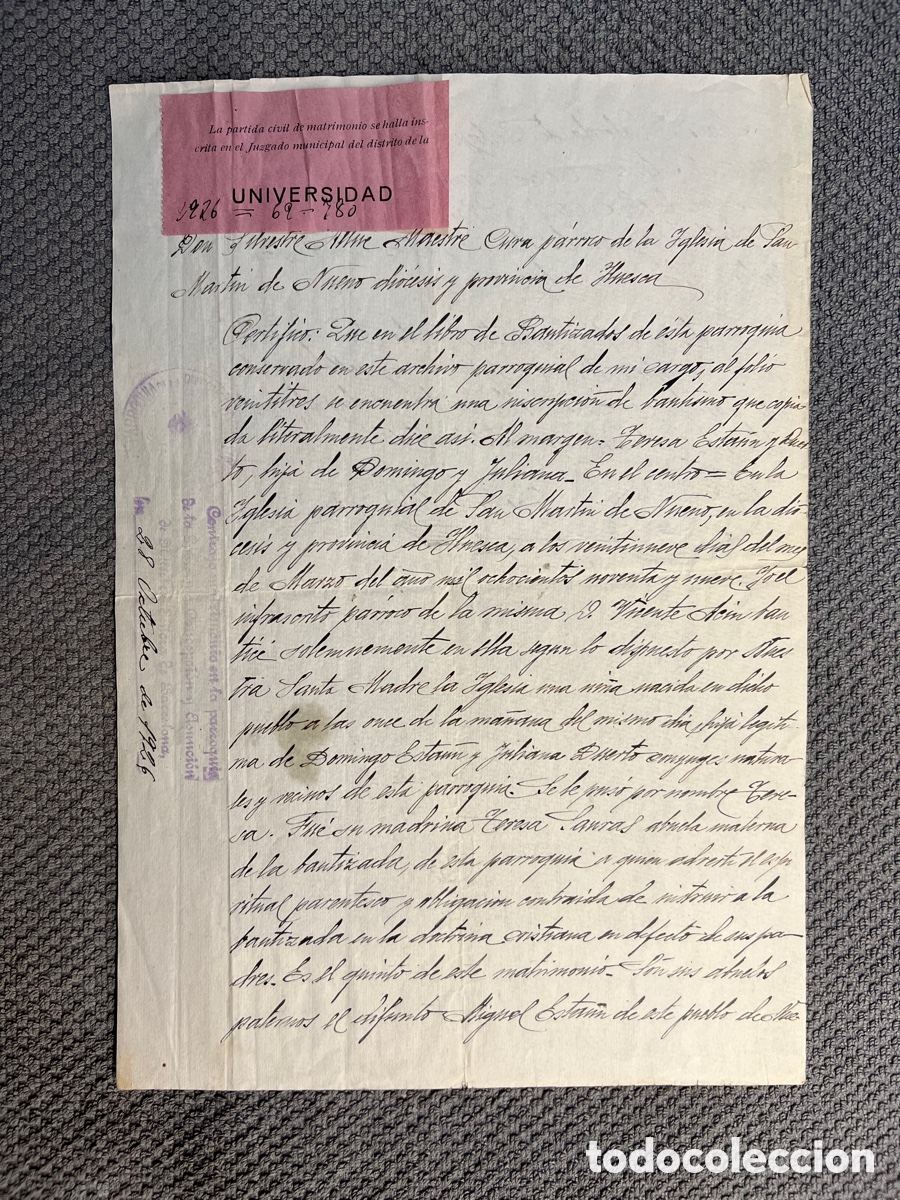 Documentos antiguos: NUENO (Huesca) Certificado nacimiento de una ni&ntilde;a Iglesia Parroquial de San Mart&iacute;n (a.1899) (a.1926)
