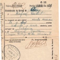 Documentos antiguos: CORREOS - RESGUARDO GIRO POSTAL - ENERO 1921 - ALCOY - VALENCIA. Lote 402196069