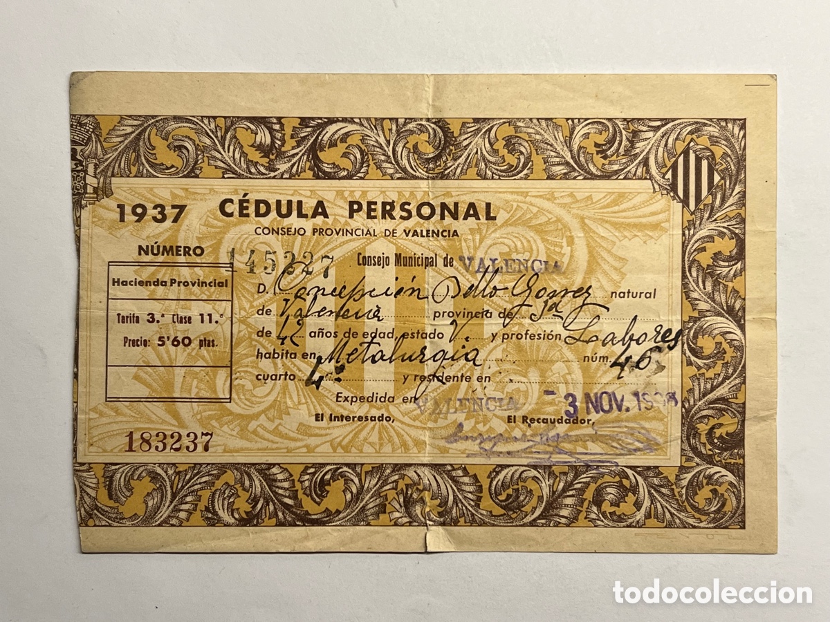 Old Documents: VALENCIA. C&Eacute;DULA PERSONAL, Consejo Provincial de Valencia.. a&ntilde;o 1937 (REP&Uacute;BLICA)