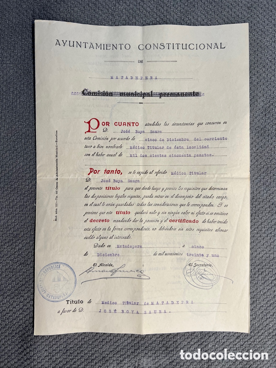 Old Documents: MATADEPERA Barcelona. Ajuntament Republica. Concesi&oacute;n Plaza de M&eacute;dico Titular (a.1931)