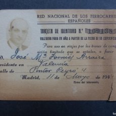 Documentos antiguos: RED NACIONAL DE LOS FERROCARRILES, TARJETA DE IDENTIDAD, MADRID AÑO 1944
