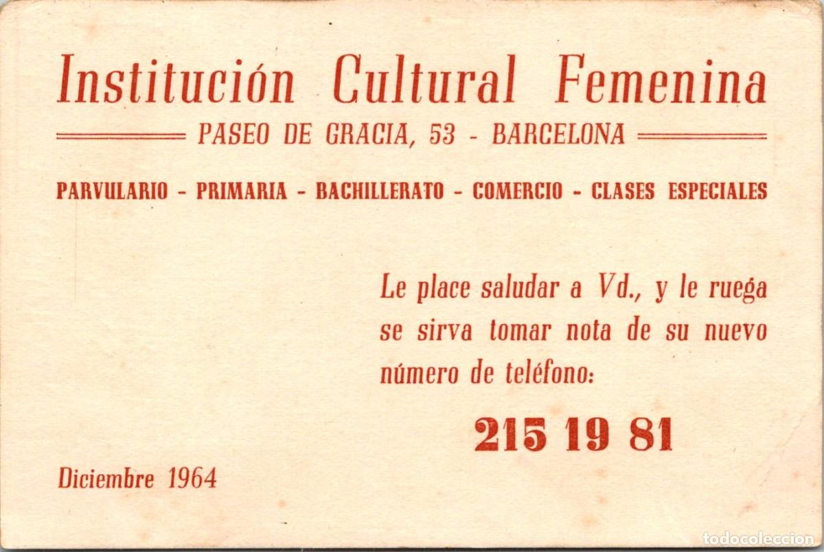Documentos antiguos: Barcelona - Instituci&oacute;n Cultural Femenina -Parvulario -Clases Especiales - Diciembre 1964 - 115x77mm