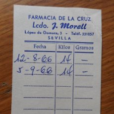 Documentos antiguos: ANTIGUA TARJETA CONTROL DE PESO FARMACIA DE LA CRUZ. LICENCIADO J. MORELL SEVILLA 1966. Lote 403435824