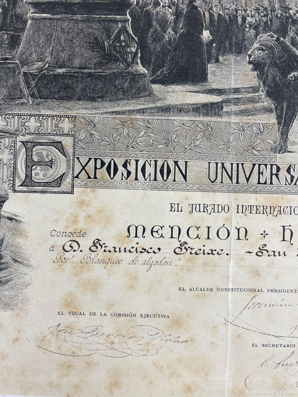 Documentos antiguos: TITULO MENCION HONORIFICA. EXPOSICI&Oacute;N UNIVERSAL DE BARCELONA. 1888 - Foto 10