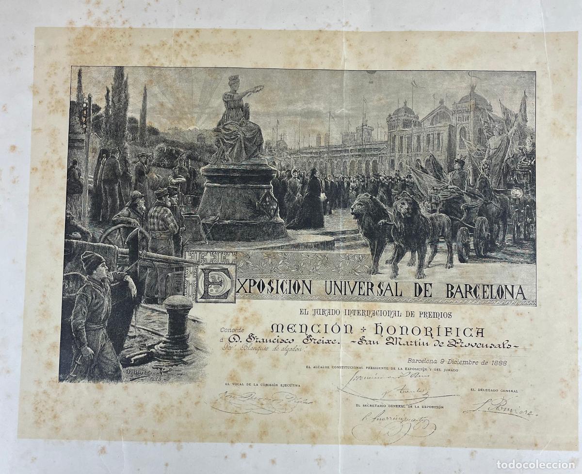 Documentos antiguos: TITULO MENCION HONORIFICA. EXPOSICI&Oacute;N UNIVERSAL DE BARCELONA. 1888 - Foto 1