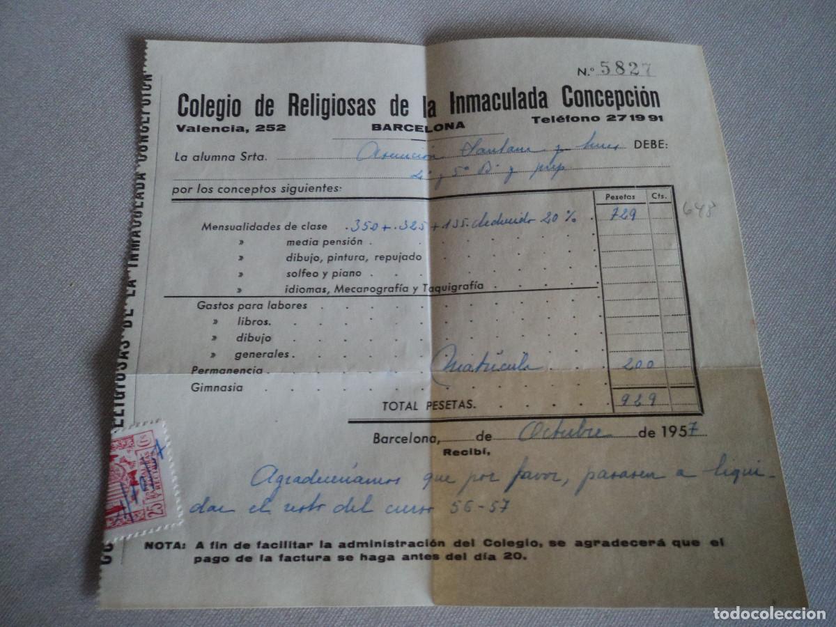 Documentos antiguos: recibo del colegio de religiosas de la inmaculada concepcion de barcelona, 1957