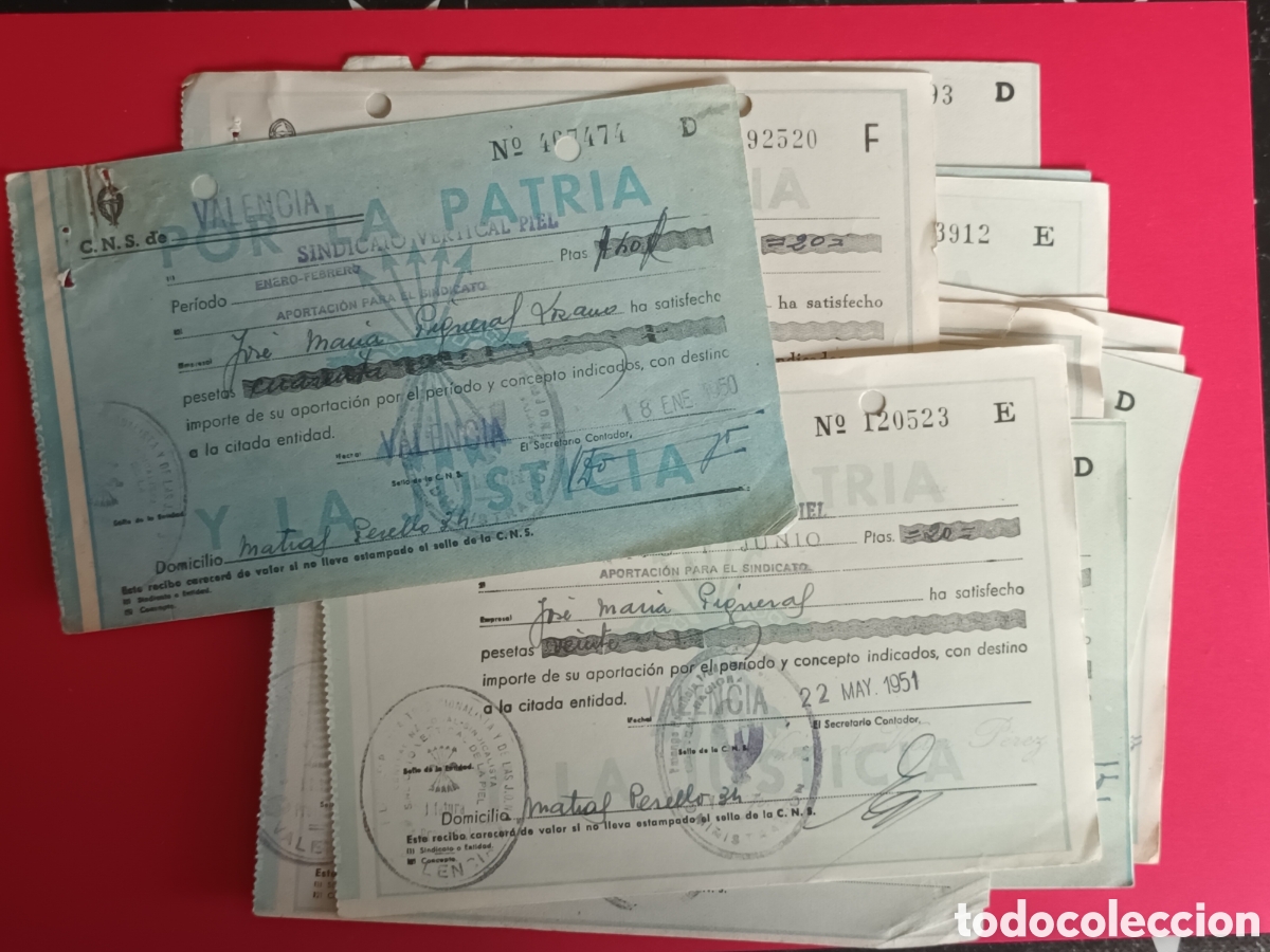 Old Documents: SINDICATO VERTICAL. FALANGE ESPA&Ntilde;OLA. LOTE DE 14 RECIBOS. VAL&Eacute;NCIA. SIND. CAVERTICAL PIEL.1950/51