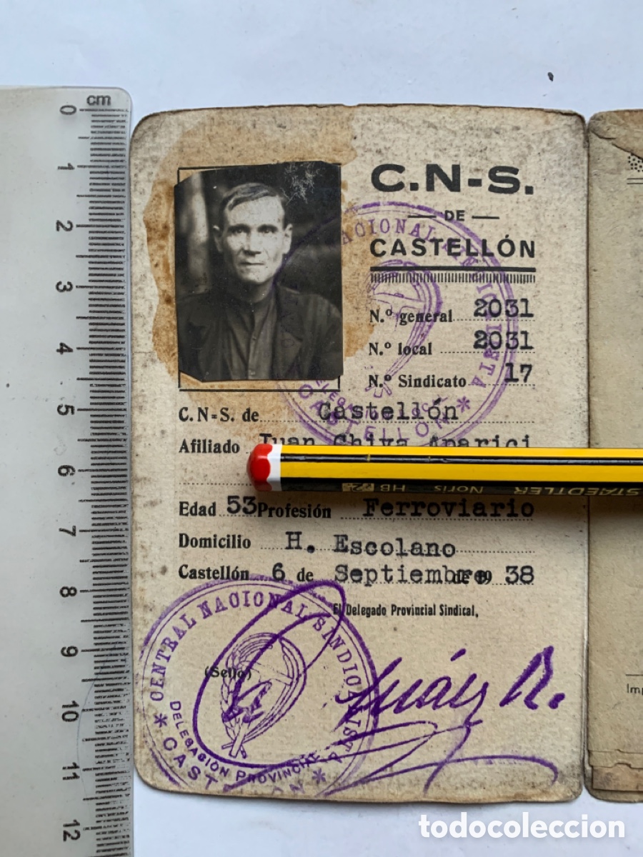 Documentos antiguos: C.N.S. DE CASTELL&Oacute;N. DELEGACI&Oacute;N PROVINCIAL. TRANVIAS Y FERROCARRILES. CASTELL&Oacute;N, 6 SEPTIEMBRE 1938.