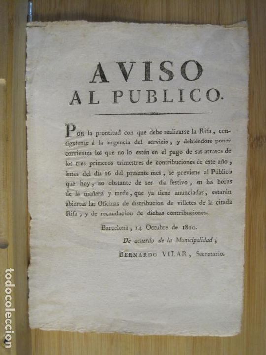 Old Documents: BARCELONA-AVISO AL PUBLICO-RIFA-BERNARDO VILAR-14 OCTUBRE 1810-VER FOTOS-(K-9796)