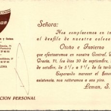 Documentos antiguos: BARCELONA - LEMAN - ALTA COSTURA Y CONFECCIÓN - INVITACIÓN DESFILE - AÑOS 60? - 161X105MM