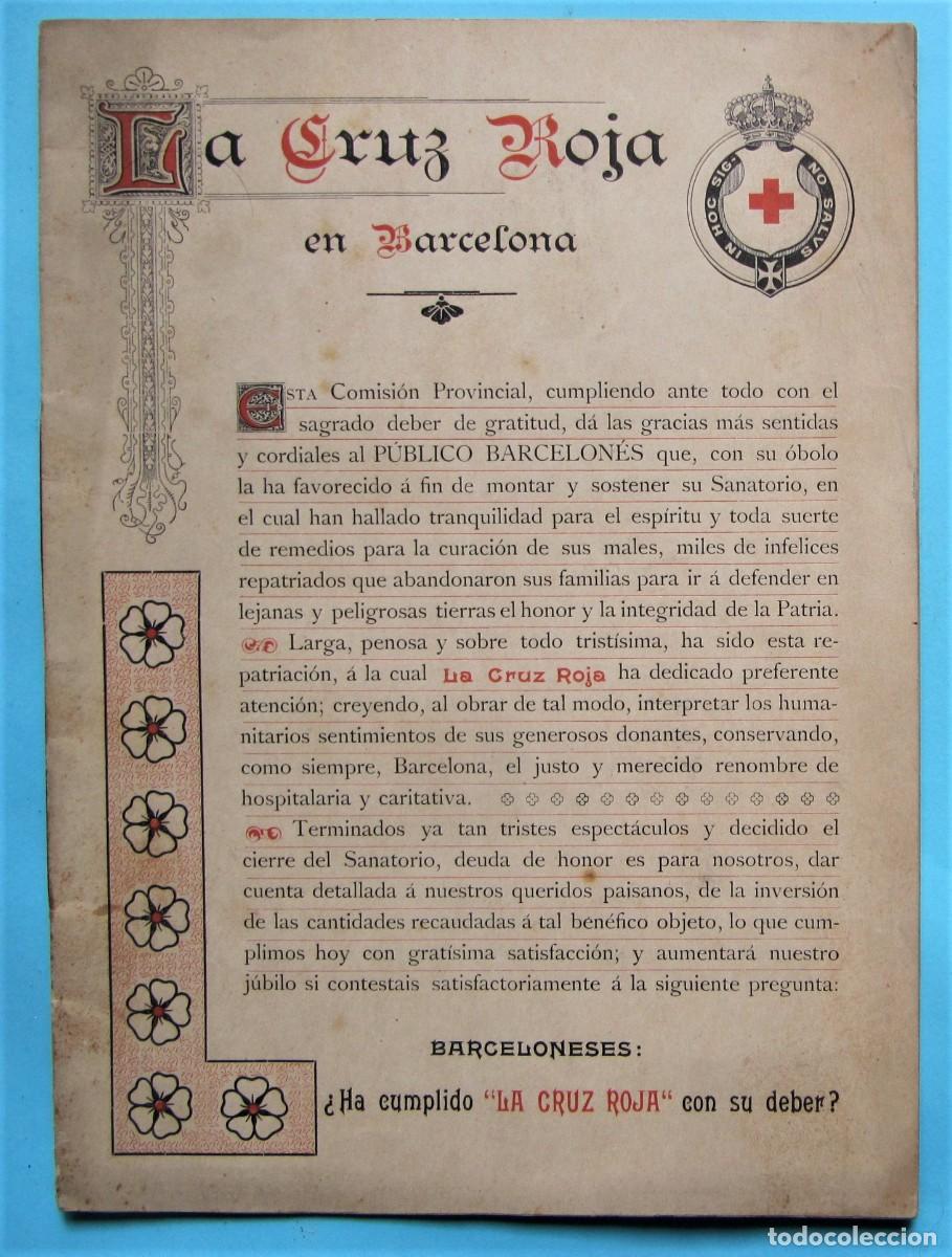 Documentos antiguos: CRUZ ROJA ESPA&Ntilde;OLA. INGRESOS, GASTOS, SANATORIO PARA ANTENDER SOLDADOS DE CUBA Y FILIPINAS, BCN 1899