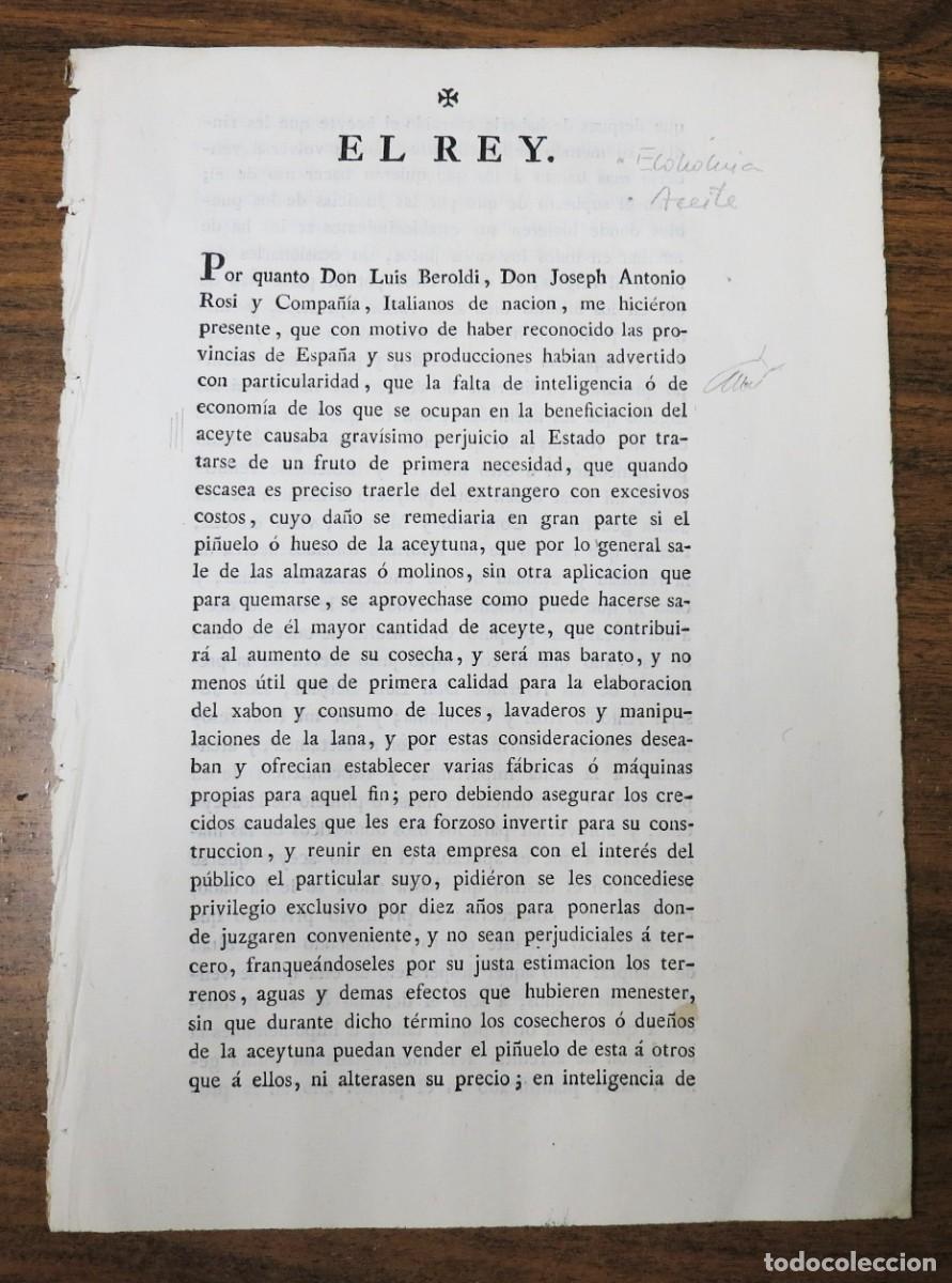 Documentos antiguos: REALES &Oacute;RDENES relativas a la extracci&oacute;n extranjera del aceite (1799-1801)