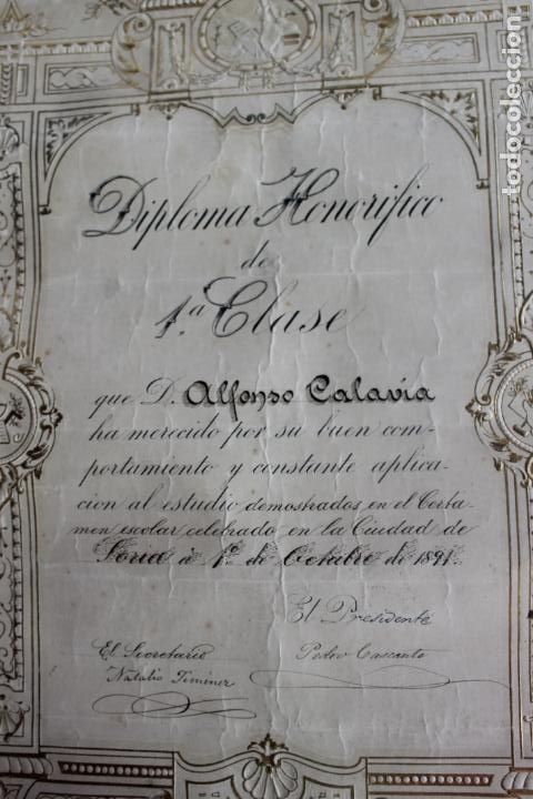 Documentos antiguos: DIPLOMA HONORIFICO SORIA 1891 - Foto 3