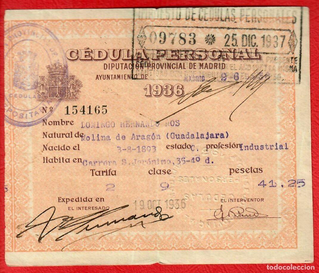 Documenti antichi: A&ntilde;o 1936 - Cedula personal Ayuntamiento de Madrid - Guerra Civil - II Republica