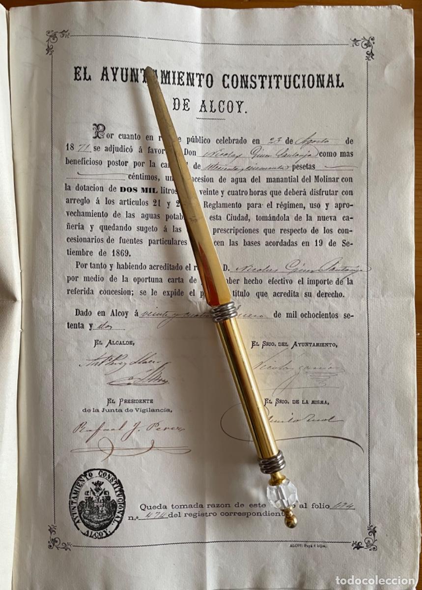 Documentos antiguos: ALCOY- ALICANTE- AYUNTAMIENTO- AGUAS MOLINAR- 1871- NICOLAS GINER