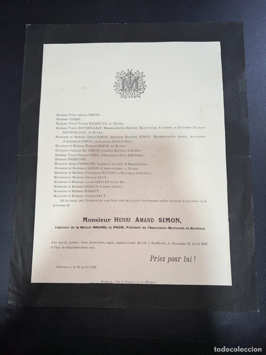 Alte Dokumente: ESQUELA DEL SE&Ntilde;OR HENRI AMAND SIMON. ABRIL DE 1899. BURDEOS - FRANCIA. CIRCULADA. VER