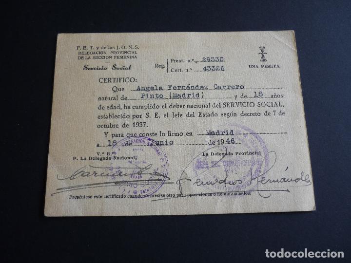 Alte Dokumente: CERTIFICADO SERVICIO SOCIAL SECCION FEMENINA FALANGE ESPA&Ntilde;OLA 1946