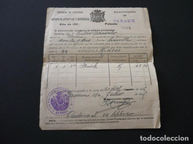Documentos antiguos: ZARAUZ GUIPUZCOA 1925 RECIBO IMPUESTO AUTOMOVIL BUICK PROPIEDAD CELSO AREVALO