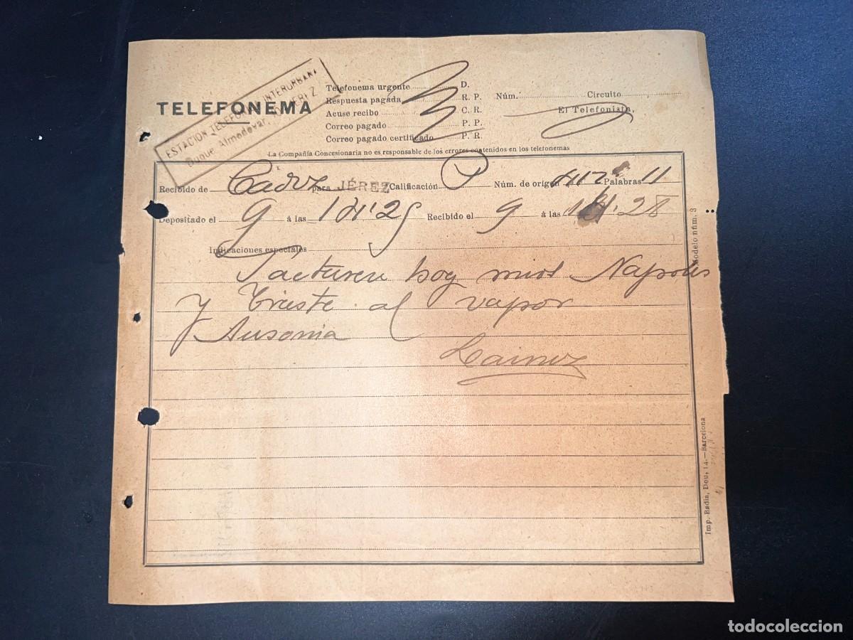 Alte Dokumente: TELEFONEMA. 1912. DE C&Aacute;DIZ PARA JEREZ. VER FOTOS
