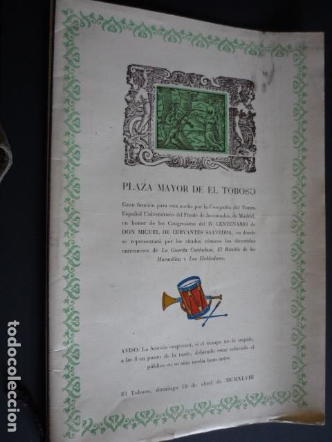 Documentos antiguos: EL TOBOSO TOLEDO PROGRAMA ACTOS CENTENARIO DE CERVANTES 1948 - Foto 1