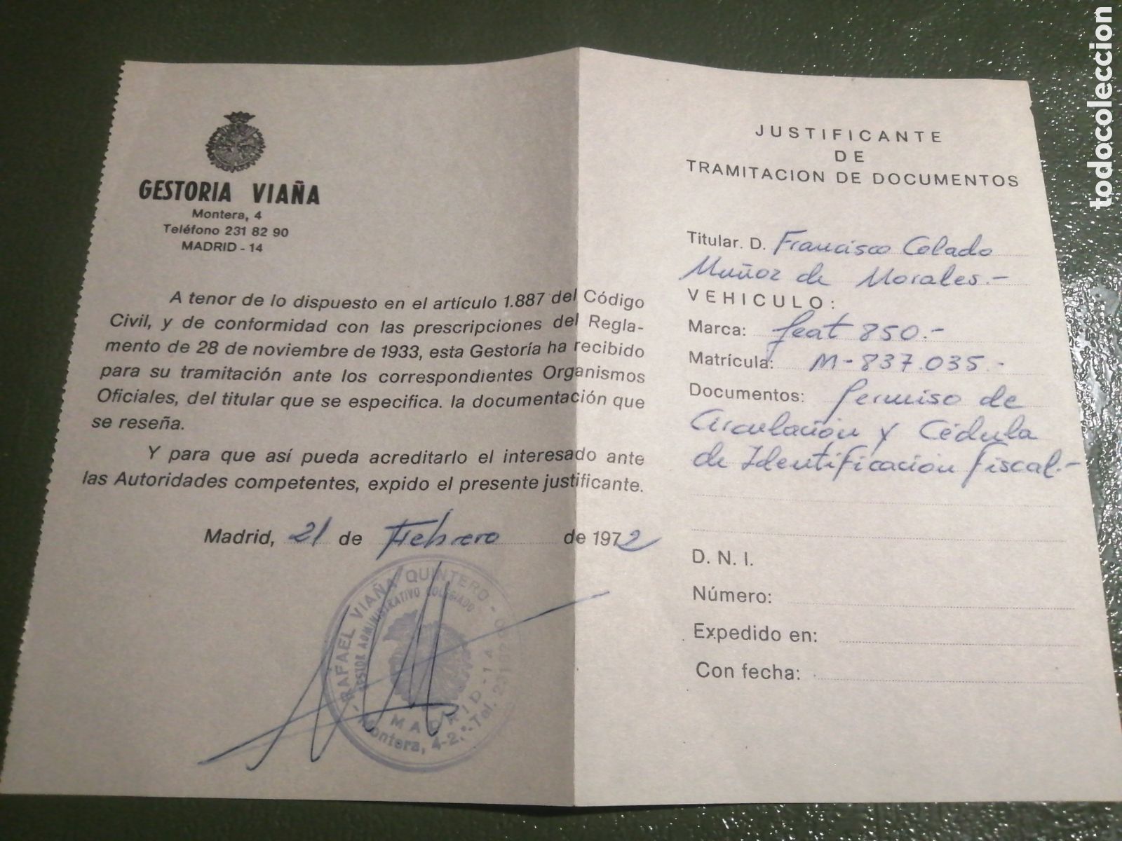 Documentos antiguos: VIA&Ntilde;A, ANTIGUO DOCUMENTO TRAMITACI&Oacute;N VEHICULO, SEAT 850, A&Ntilde;O 1972.