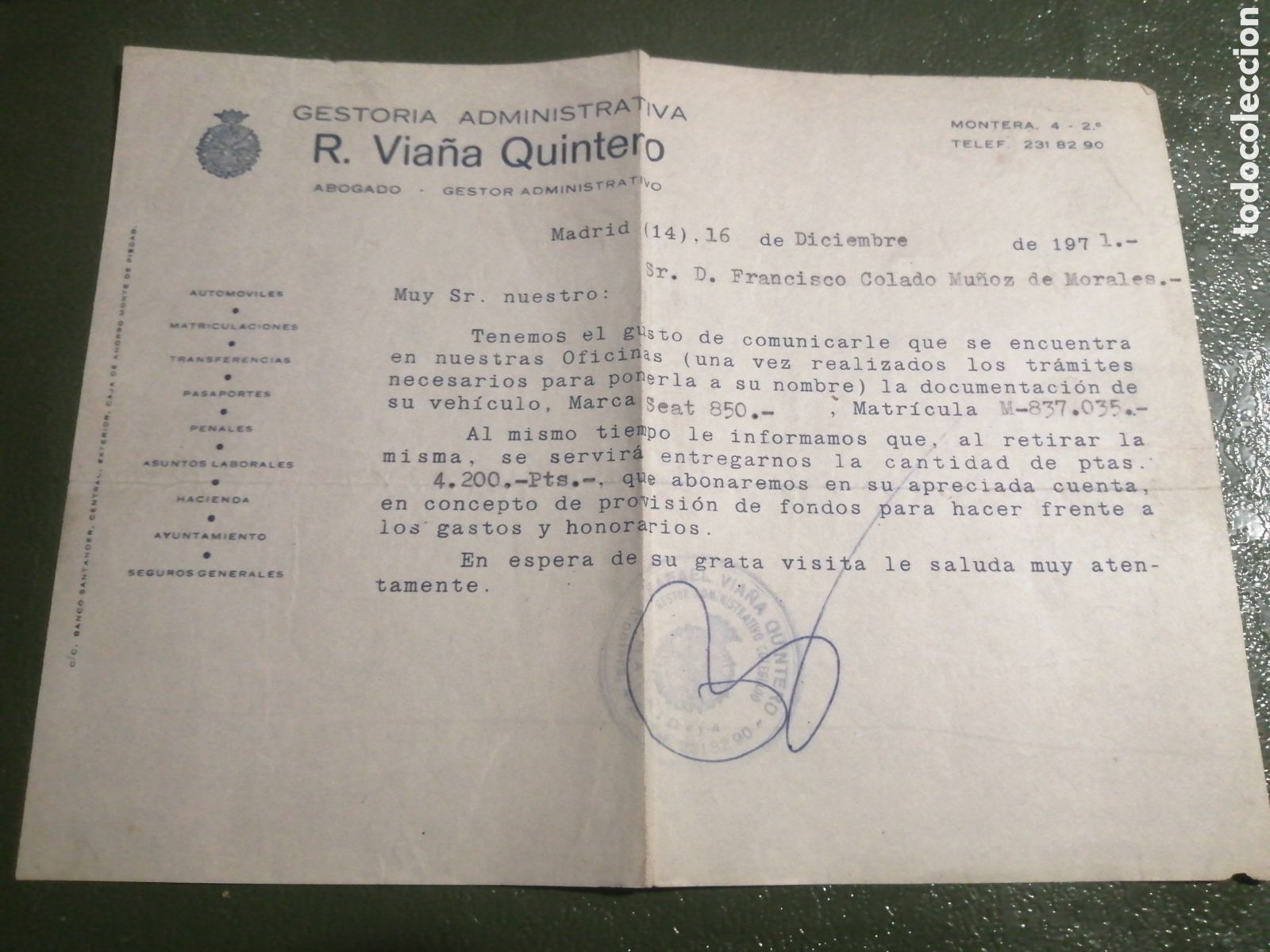 Documentos antiguos: VIA&Ntilde;A, ANTIGUO DOCUMENTO TRAMITACI&Oacute;N VEHICULO, SEAT 850, A&Ntilde;O 1971