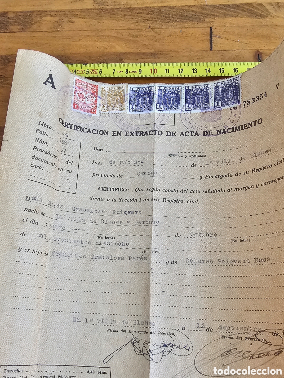 Documentos antiguos: Documento certificacion acta de nacimiento de Blanes 1958 - Foto 1