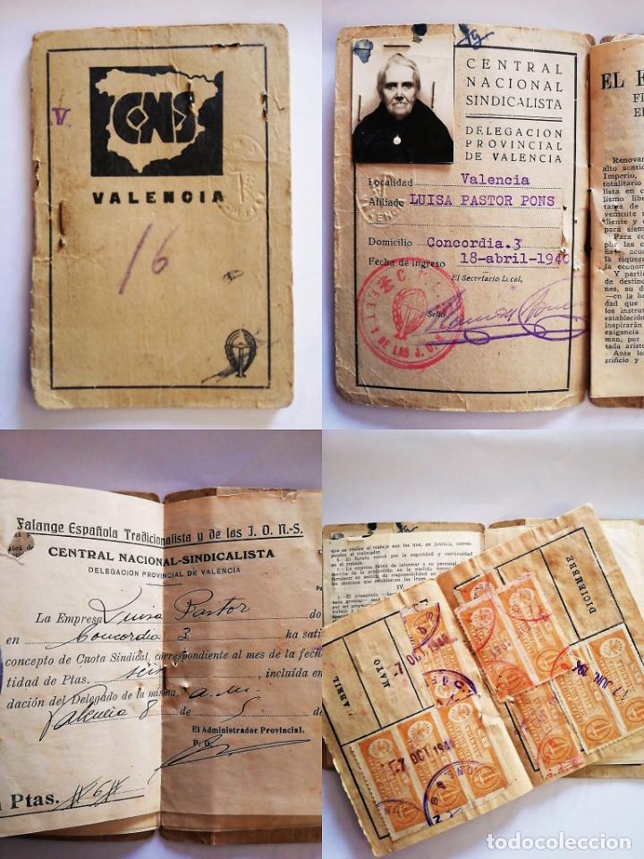 Documentos antigos: CARNET CENTRAL NACIONAL SINDICALISTA.SINDICATO VIVIENDA.VALENCIA 1940 (CON RECIBO DE PAGO Y SELLOS)