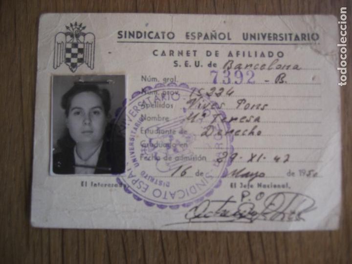 Documentos antiguos: Sindicato Espa&ntilde;ol Universitario. Carnet de Afiliado. 1950. Barcelona.