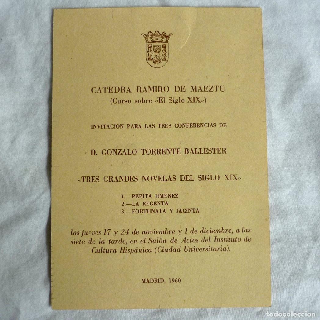 Documentos antiguos: Invitaci&oacute;n tres conferencias de Gonzalo Torrente Ballester, Madrid 1960