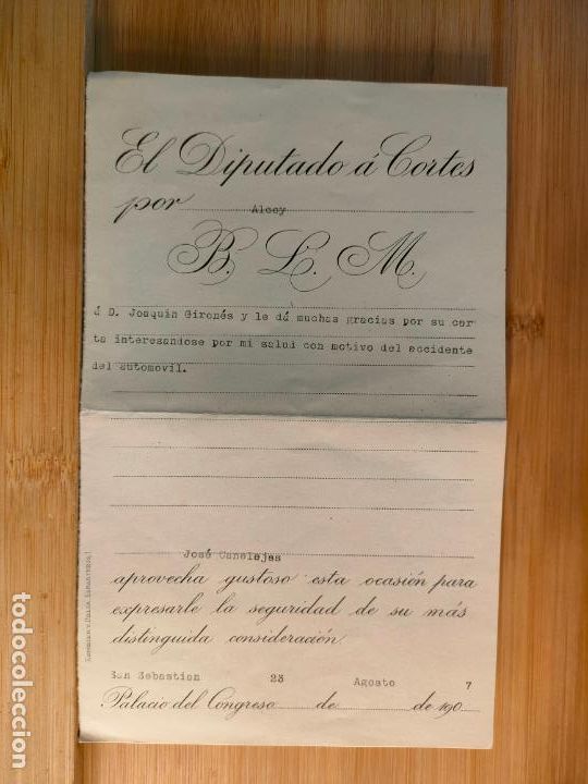 Documentos antigos: EL DIPUTADO A CORTES POR ALCOY-A&Ntilde;O 1907-DOCUMENTO ANTIGUO-VER FOTOS-(102.506)