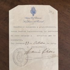 Documentos antiguos: SAN LORENZO DEL ESCORIAL, 1919. PASE PARA VISITAR LAS DEPENDENCIAS REALES.