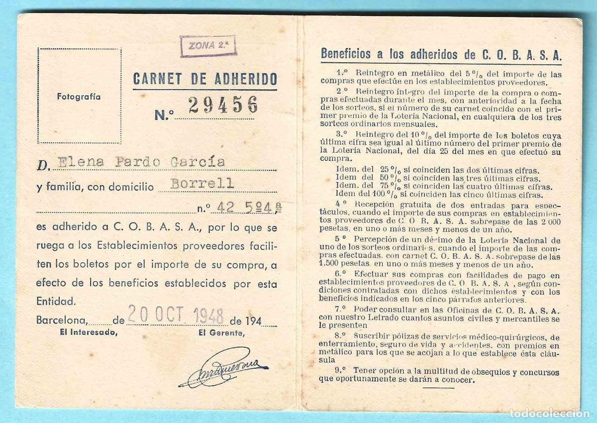 Documentos antiguos: CARNET DE ADHERIDO. COBASA, COMPRADORES BARCELONESES S.A. 1948 - Foto 3